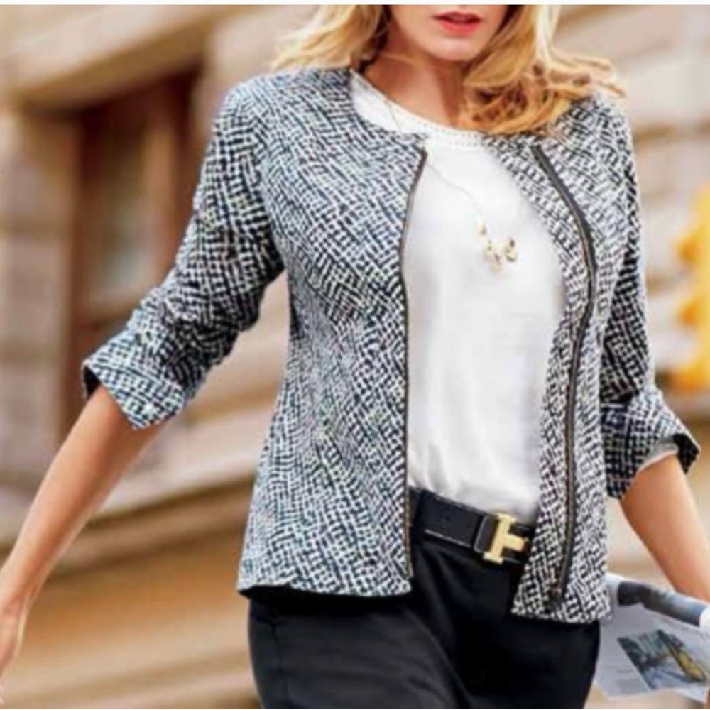 Cabi #5099 Cliffside Jacket Multi Geometric Print Moto Full Zip